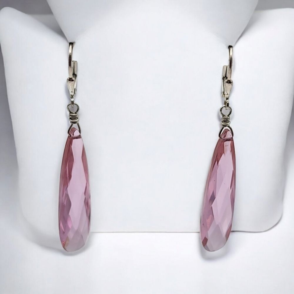 Sterling Silver Lever Back Pink Crystal Teardrop Earrings